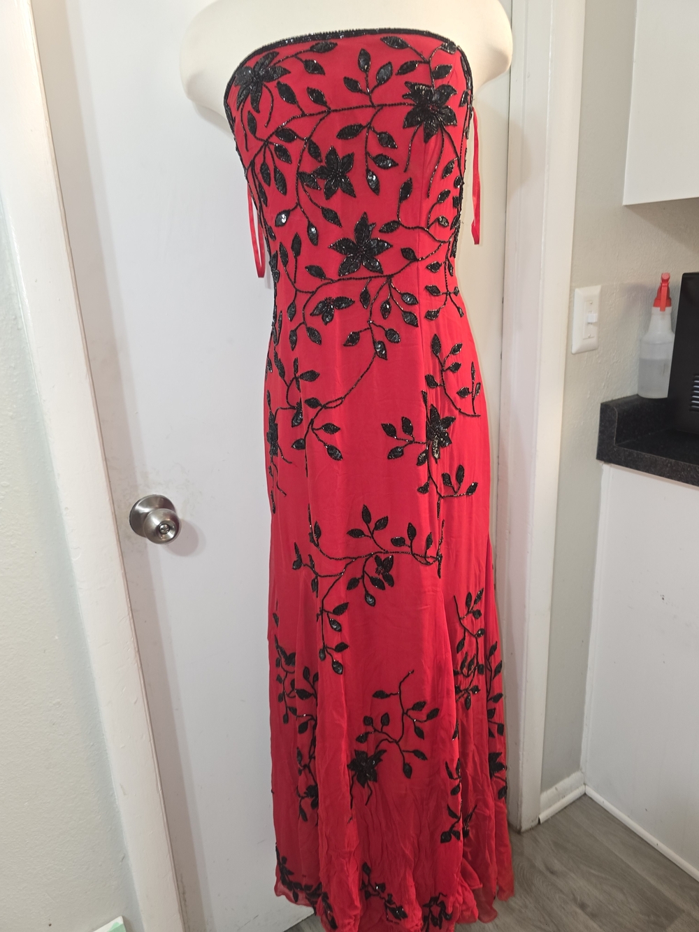 Cache Strapless Red Maxi Dress with Black Floral Appliqué